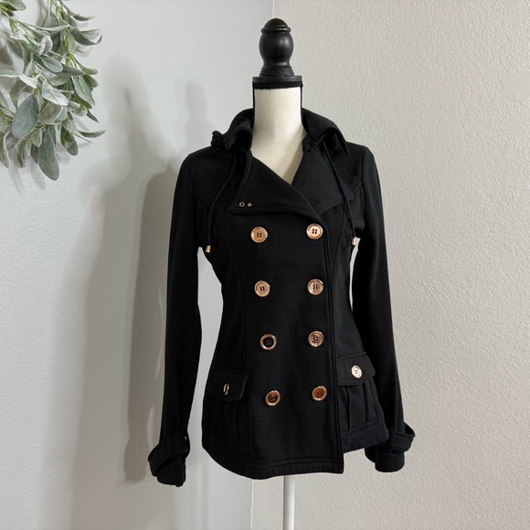 Bongo Peacoat Hooded Double Breasted Black with Rose Gold buttons, Fitted Curvy - Picture 1 of 16